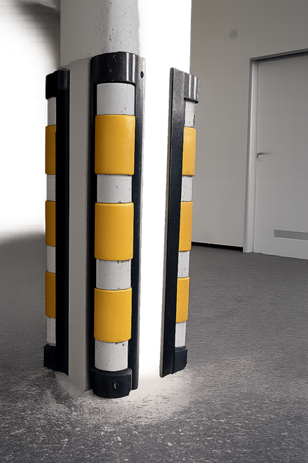 Reflective corner guards installed on concrete column in underground car park