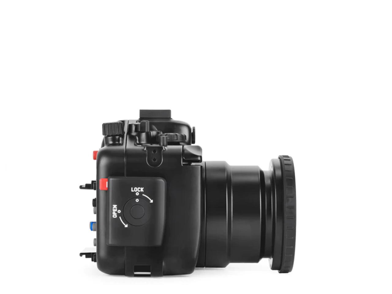 Side view of the Nauticam NA-R50 waterproof housing for the Canon EOS R50 Mirrorless Digital Camera.  