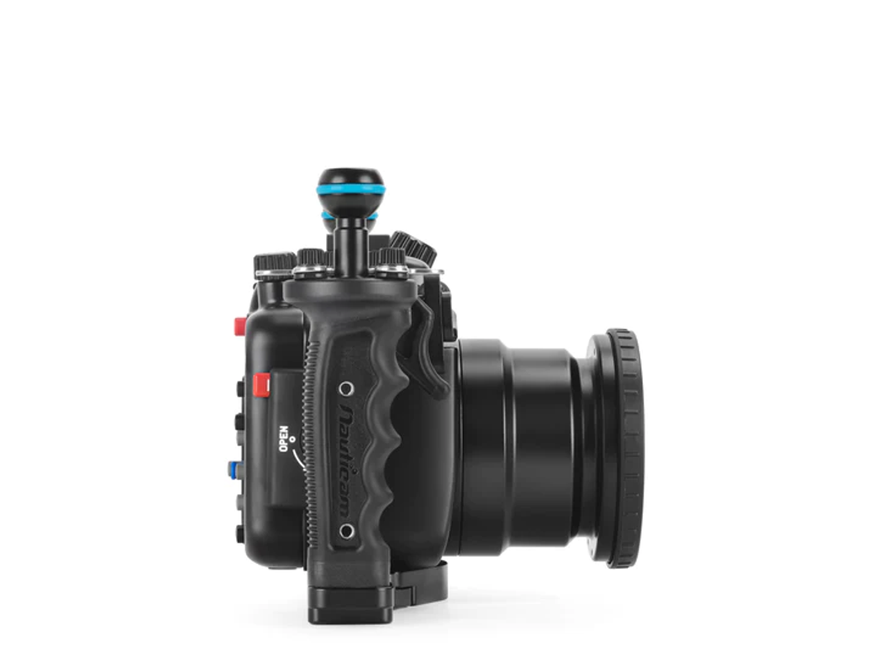 Side view of the Nauticam NA-R50 waterproof housing for the Canon EOS R50 Mirrorless Digital Camera.  
