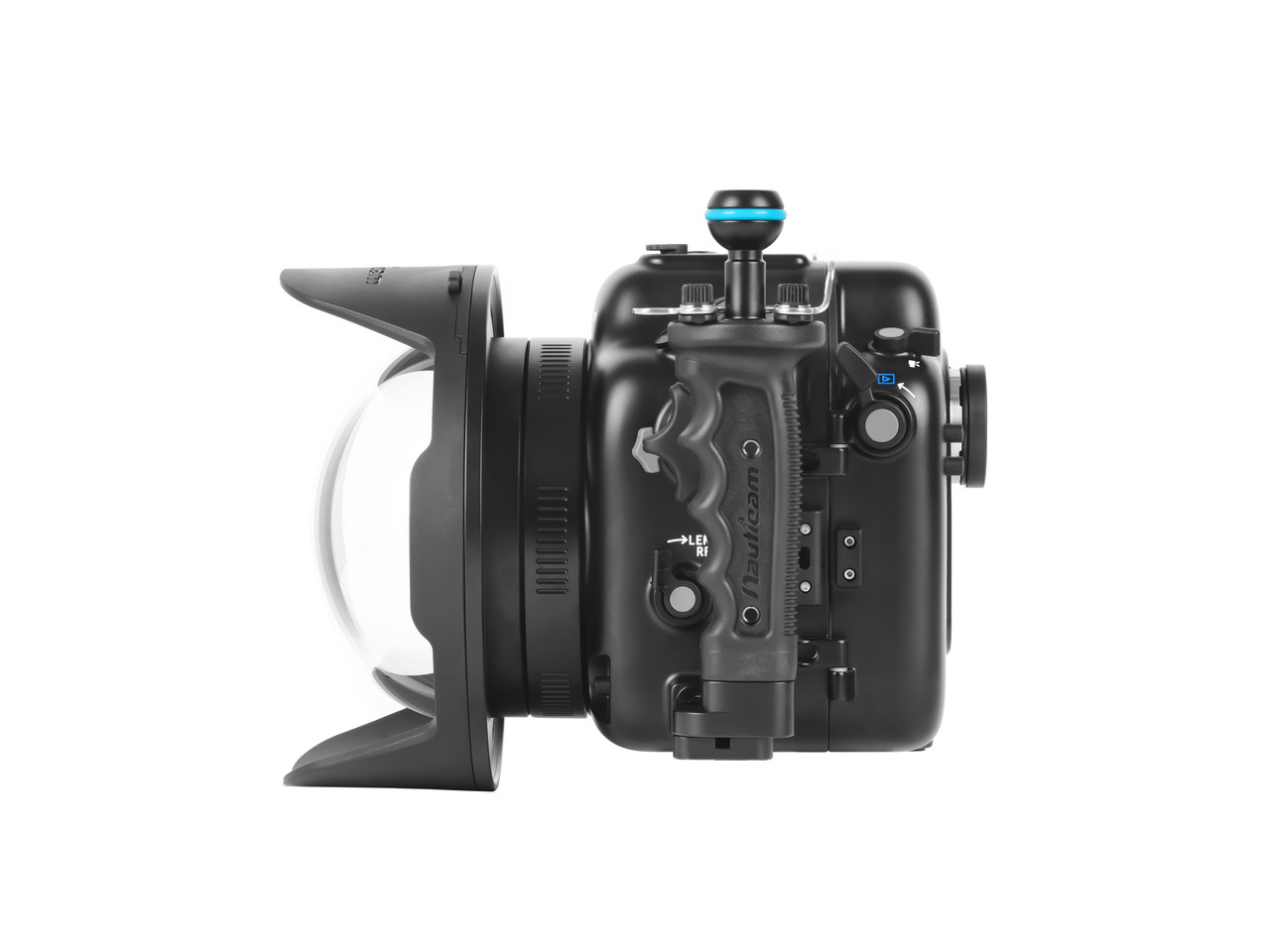 N120 140mm optical glass fisheye port with removable shade II #18816 mounted on a nauticam housing - side view