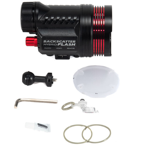 The Backscatter Hybrid Flash HF-1 package includes a standard 1-inch ball mount, white diffuser, O-Rings, Grease and Hybrid Flash Light Pipe for remote triggering with compatible Backscatter Strobes.  