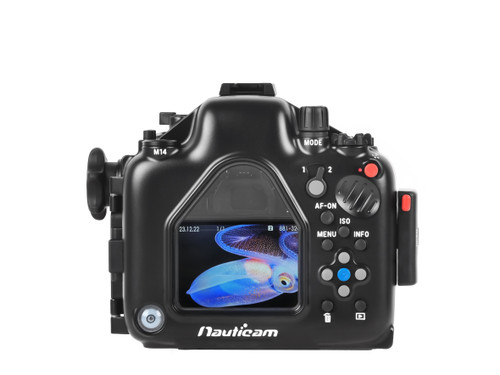 The Nauticam NA-OM5II Housing for OM-5 Mark II Camera - Rear view showing LCD window and rear controls The Nauticam NA-OM5II Housing for OM-5 Mark II Camera - Rear view showing LCD window and rear controls