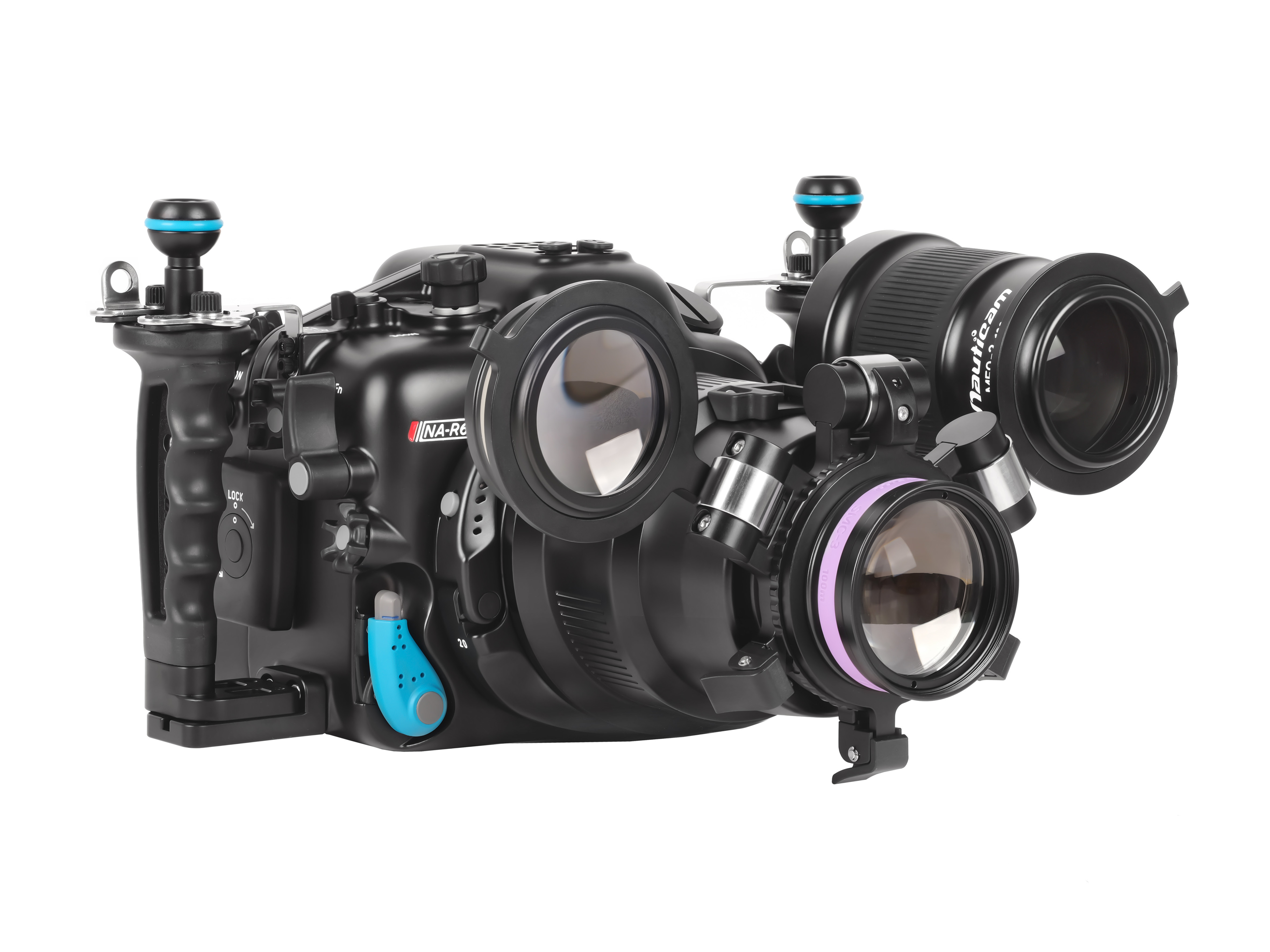 Nauticam #25115 M67 Triple Flip Holder mounted on a Nauticam housing with close up lenses attached