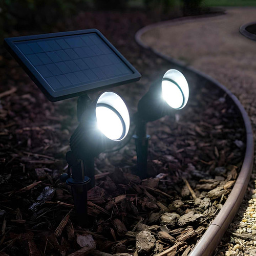 Solar Garden Spotlights Kit 2 Black Aluminium Pure White 120lm With Solar Panel