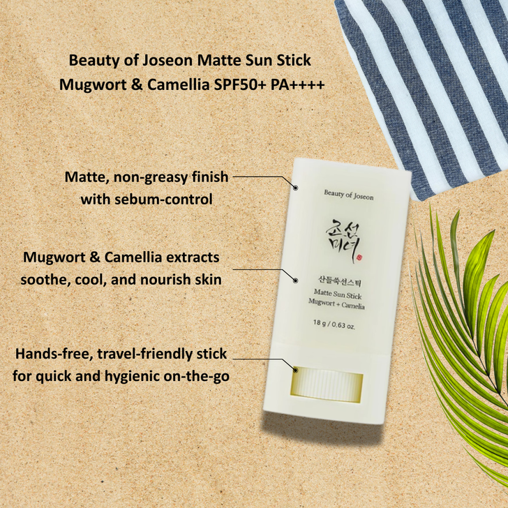 Beauty of Joseon Matte Sun Stick Mugwort and Camelia SPF50+ PA++++ available from Kiss and Makeup in New Zealand