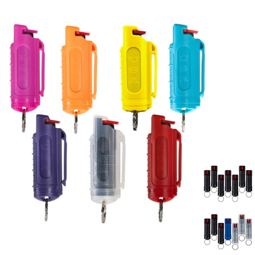Police Magnum rainbow pepper spray keychain 7 pack set colorful self defense sprays in red orange yellow teal blue purple pink clear