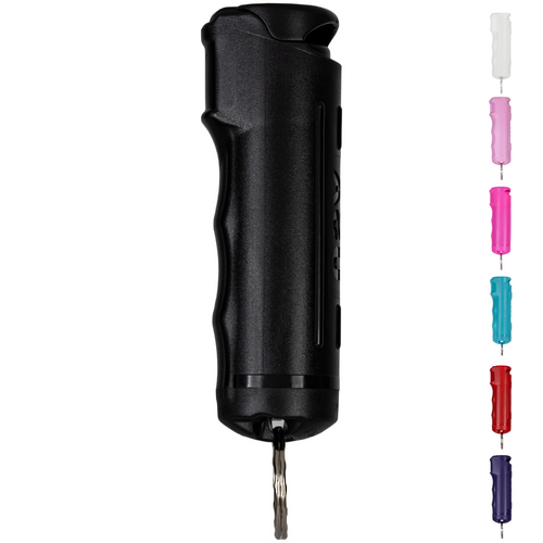 Police Magnum 1/2 oz flip top pepper spray keychain in black. Maximum strength self defense spray