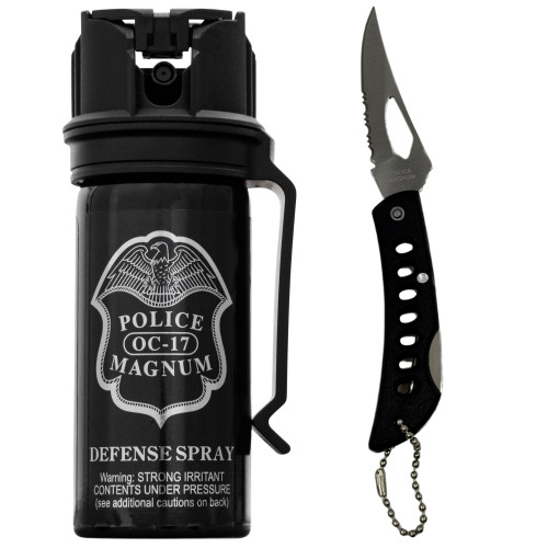 Police Magnum belt clip pepper spray flip top and pocket knife combo