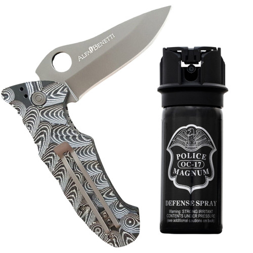 Police Magnum black pepper spray knife combo self defense women and men safety tactical gear kit outdoors.