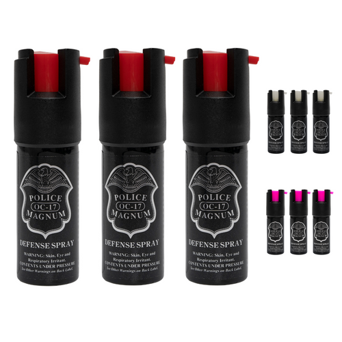 Police Magnum mini pepper spray 3 pack self defense for women and men. Proudly made in the USA. Small discreet mase canister travel size. Comes in hot pink, Red and glow in the dark.