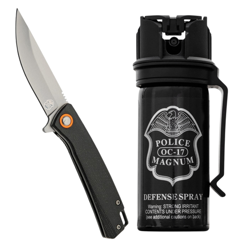 Police Magnum belt clip pepper spray and black D2 steel knife combo self defense kit