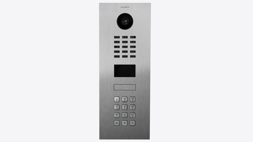 image:Door Bird D2101KV V2A, Compact Video Entry System, Vertical Mount, BackBox Required, Ethernet RFID Reader, Keypad, Single Occupant Button, Satin Stainless Steel Finish