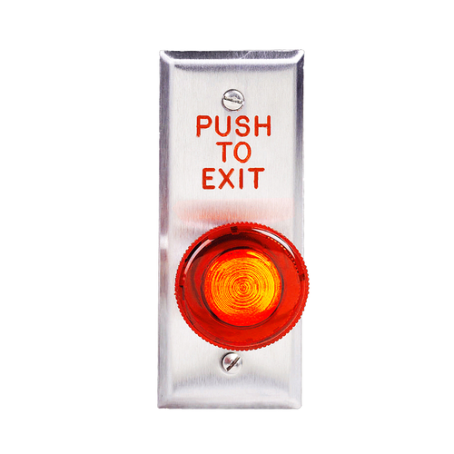 image:1-9/16in Diameter Red Mushroom Push Button, Single Gang Wall Plate DPST Momentary Switch, "Push to Exit" Text