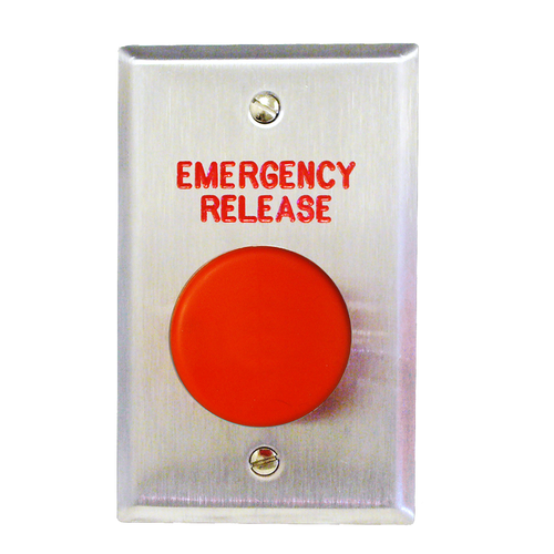 image:1-9/16in Diameter Red Mushroom Push Button with DPST Pneumatic Time Delay "Push to Exit" Mounted on Single Gang Plate