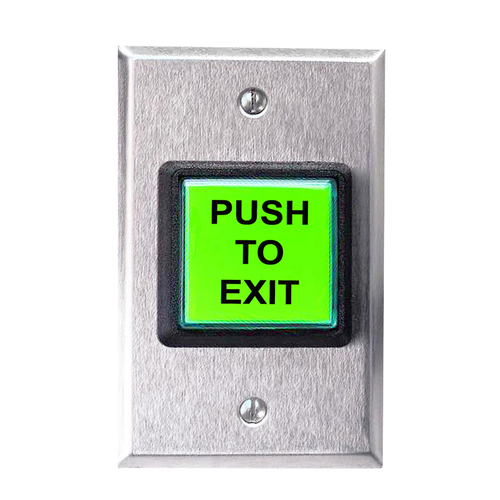 image:1-1/2in Square Illuminated Push Button, Momentary SPDT Switch, Single Gang Plate, "Push to Exit" Text on Green Button