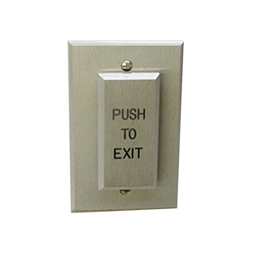 image:Round Pneumatic 2 - 60 Second Delay (Form Z) Switch with 1-1/2in Wide Push Plate on 3in Wide Back Plate "Push to Exit"