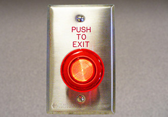image:Dortronics 5210 Series Heavy-Duty Pull-To-Exit Switch Station, Red, "PUSH TO EXIT"