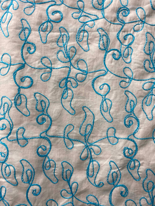 45"  White Sands Embroidered Cotton Aqua on White WSN-012