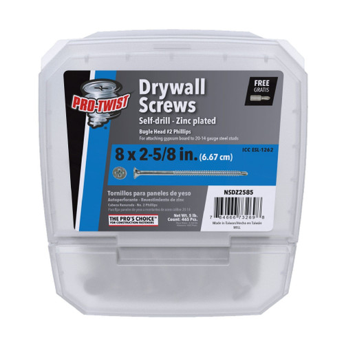 PRO-TWIST NSDZ2585 #8 x 2-5/8 in. Zinc Plated #2 Phillips Bugle Head Fine Thread Drywall Screws (5 lb.) (465/Pack)