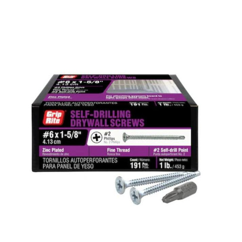 GRIP-RITE 178ZSDS1 #6 x 1-7/8 in. Zinc Plated #2 Self Drill Bugle Head Fine Thread Drywall Screws (1 lb.) (168/Pack)