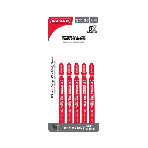 DIABLO DJT121GF5 3-5/8 in. 30TPI Bi-Metal Jig Saw Blades for Thin Metal (5-Pack)
