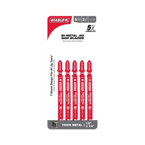 DIABLO DJT121BF5 3-3/8 in. 12TPI Bi-Metal Jig Saw Blades for Thick Metal (5-Pack)