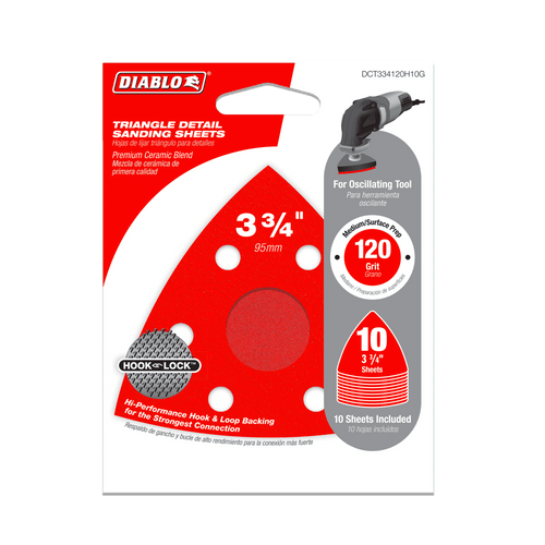 DIABLO DCT334120H10G 3-3/4 in. 120-Grit Hook & Lock™ Triangle Detail Sanding Sheets (10-Pack)