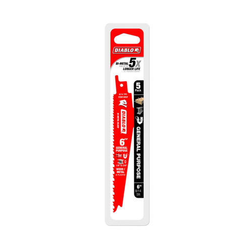 DIABLO DS0614BGP5 6 in. 8/14TPI Bi-Metal Reciprocating Saw Blades for General Purpose Cuts (5-Pack)