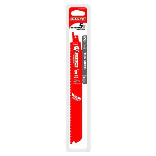 DIABLO DS0920BF5 9 in. 20/24TPI Bi-Metal Reciprocating Saw Blades for Thin Metal (5-Pack)