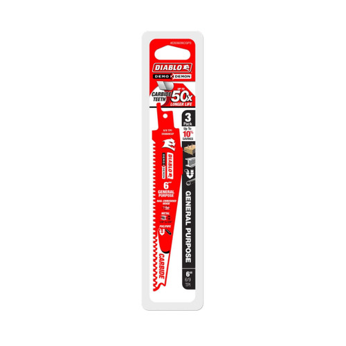 DIABLO DS0609CGP3 6 in. 6/9 TPI Demo Demon™ Carbide Teeth Reciprocating Saw Blades for General Purpose Cuts (3-Pack)