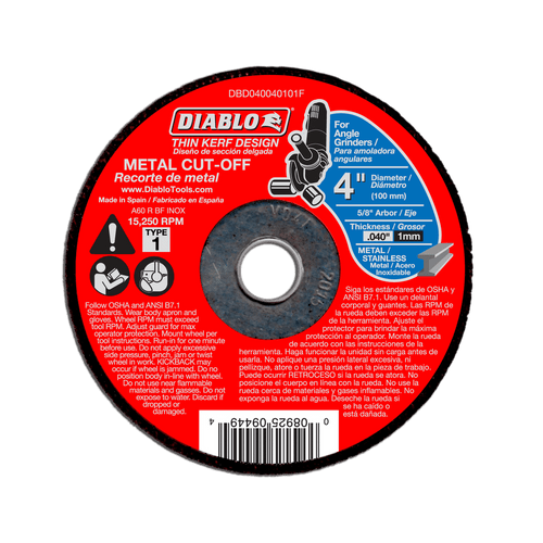DIABLO DBD040040101F 4 in. x .040 in. x 5/8 in. Metal Cut-Off Disc Type 1