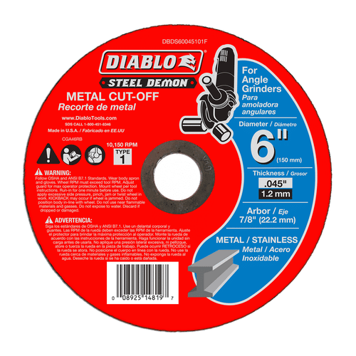 DIABLO DBDS60045101F 6 in. x 0.045 in. x 7/8 in. Steel Demon Metal Cut-Off Disc - Type 1