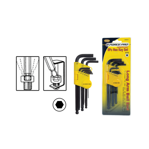 G-FORCE 24032 9-Piece Hex Key Set Long L Shaped Ball End, Metric From 1.5MM To 10MM