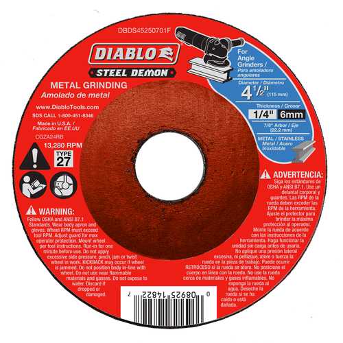 DIABLO DBDS45250701F 4-1/2 in. x 1/4 in. x 7/8 in. Type 27 Steel Demon™ Metal Grinding Disc