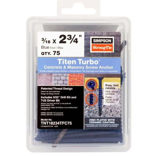 Titen Turbo 3/16 in. x 2-3/4 in. Flat Head Simpson Concrete Screws, Blue (75-Pack)