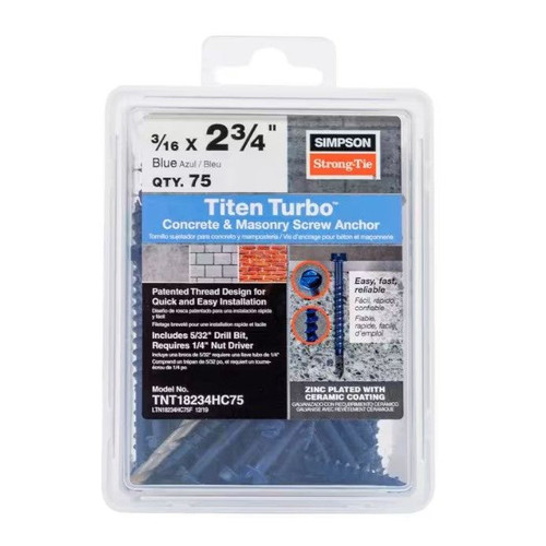 Titen Turbo 3/16 in. x 2-3/4 in. Hex Head Simpson Concrete Screws, Blue (75-Pack)