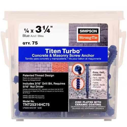 Titen Turbo 1/4 in. x 3-1/4 in. Hex Head Simpson Concrete Screws, Blue (75-Pack)