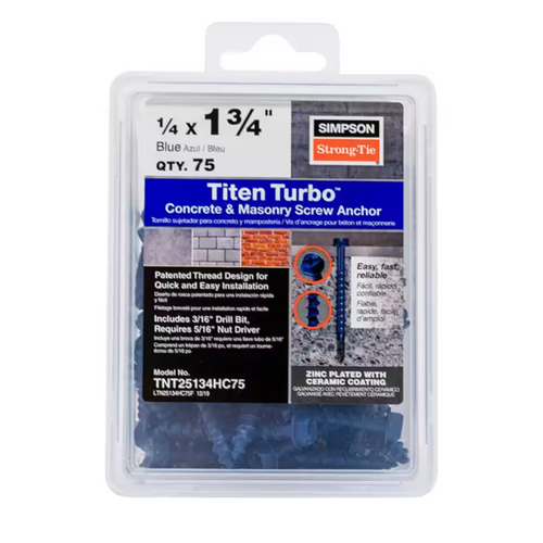 Titen Turbo 1/4 in. x 1-3/4 in. Hex Head Simpson Concrete Screws, Blue (75-Pack)