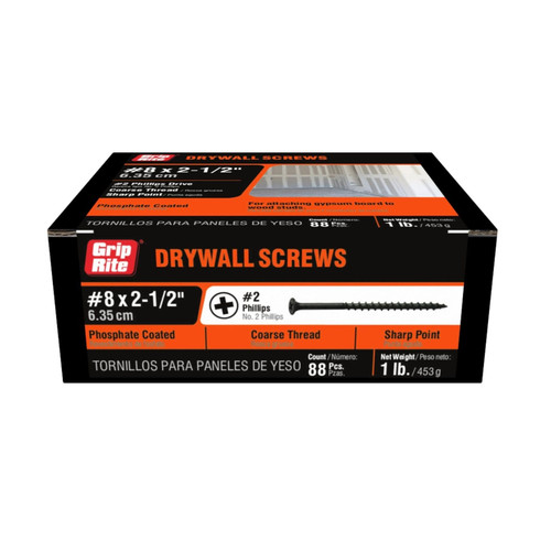 GRIP-RITE 212CDWS1 #8 x 2-1/2 in. #2 Phillips Bugle Head Coarse Thread Drywall Screws (1 lb.) (88/Pack)