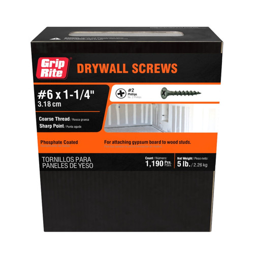 GRIP-RITE 114CDWS5 #6 x 1-1/4 in. #2 Phillips Bugle Head Coarse Thread Drywall Screws (5 lb.) (1190/Pack)