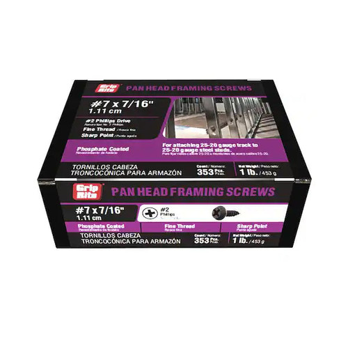 GRIP-RITE 716FPHS1 #7 x 7/16 in. #2 Phillips Pan Framing Head Fine Thread Drywall Screws (1 lb.) (353/Pack)