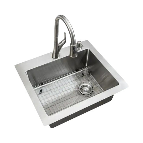 25 in. 18 Ga Single Bowl Kitchen Sink with Pull-Down Faucet Tight Radius Drop-in/Undermount - Stainless Steel