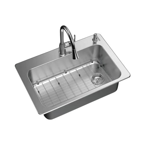 33 in. 18 Ga Single Bowl Kitchen Sink with Right Drain with Pull-Down Faucet All-in-One Drop-in/Undermount - Stainless Steel