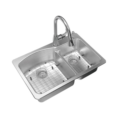 33 in. 2-Hole Double Bowl Kitchen Sink Kit with Faucet All-in-One Dual Mount - Stainless Steel