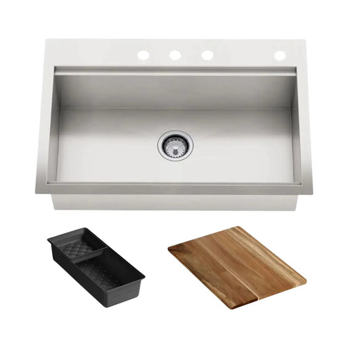 Lyric 33 in 4-Hole Single Bowl Kitchen Sink with Integrated Ledge and Accessories Dual Mount Workstation - Stainless Steel