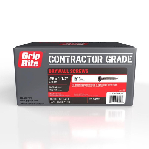 GRIP-RITE 114CGDWS8M #6 x 1-1/4 in. CG #2 Phillips Bugle Head Fine Thread Drywall Screws (25 lb.) (8000/Pack)