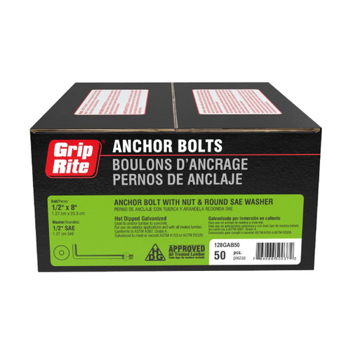 GRIP-RITE 128GAB50 1/2 in. x 8 in. Galvanized Anchor Bolts with Nut & Round SAE Washer (50-Pack)