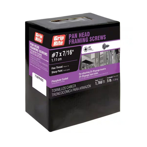 GRIP-RITE 716FPHS5 #7 x 7/16 in. #2 Phillips Pan Framing Head Fine Thread Drywall Screws (5 lb.) (1766/Pack)