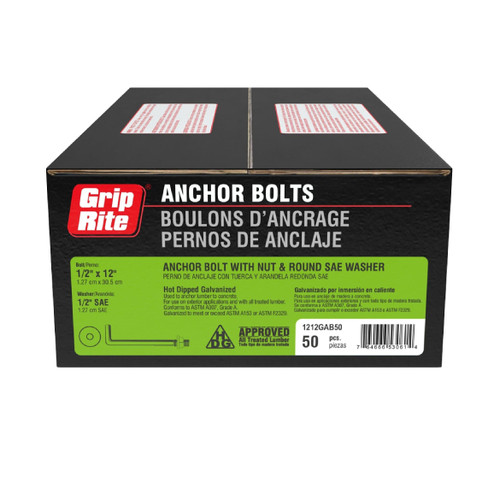 GRIP-RITE 1212GAB50 1/2 in. x 12 in. Galvanized Anchor Bolts with Nut & Round SAE Washer (50-Pack)