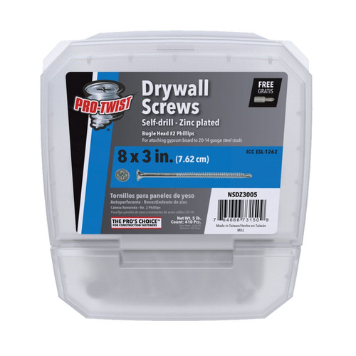 PRO-TWIST NSDZ3005 #8 x 3 in. Zinc Plated #2 Phillips Bugle Head Fine Thread Drywall Screws (5 lb.) (410/Pack)
